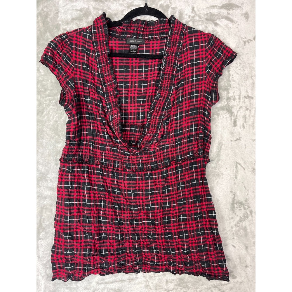 Sam & Max Womens Large‎ V-Neck Red Black Plaid Ruffle Short Sleeved Top Blouse